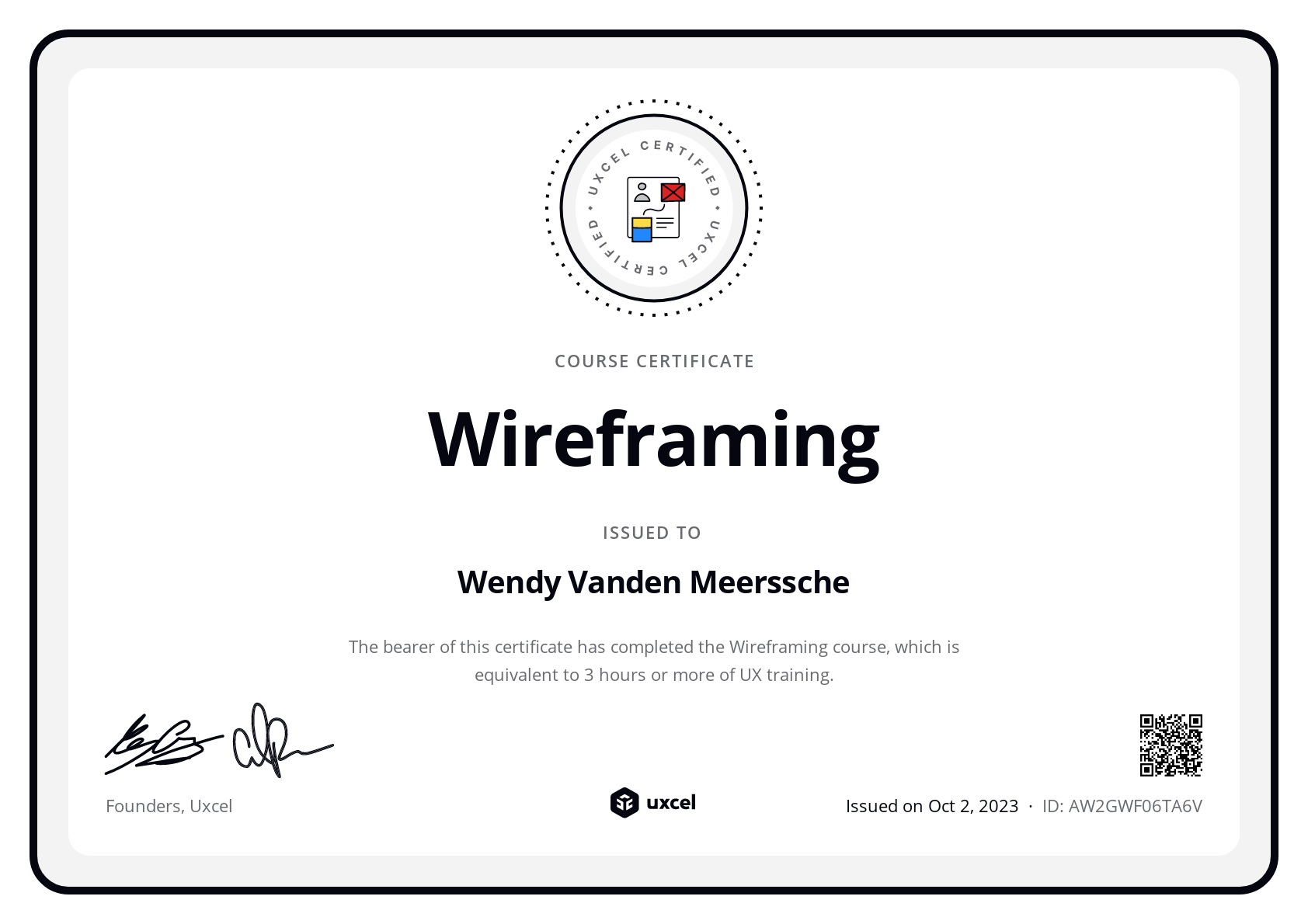 Wendy Vanden Meerssche's certificate